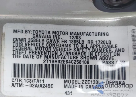 2004 Toyota Corolla Le from USA, damaged, VIN 2T1BR32E84C258108